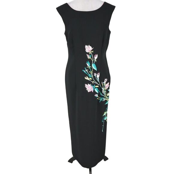 Citi Dress Gown Womens 10 Black Floral Embroidered Lined Sheath Long Back Zip - Picture 1 of 12